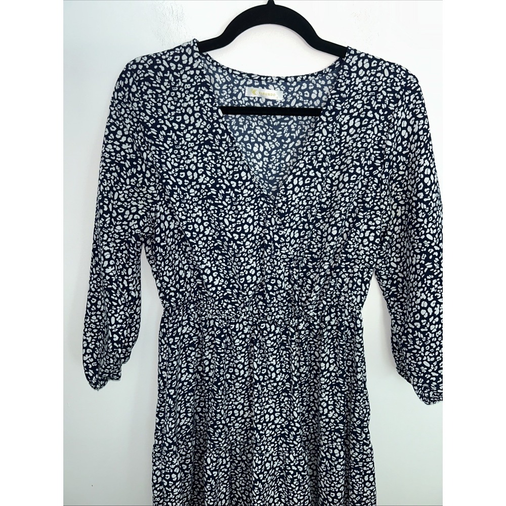 Kirundo Sz S Navy/White Tiered Dress Elastic Waist V-Neck 3/4 Sleeves Boho Flowy